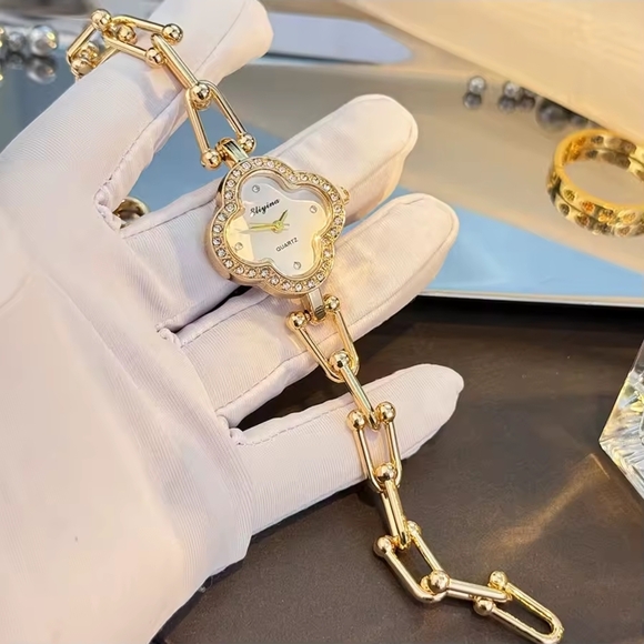 Anthropologie Jewelry - Gold Clover Link Crystal-Trim Bracelet Watch
